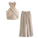Women's Clothing Halter Neck Linen Top Wide Leg Pants Women Homemade Casual Suit 4043_ecoleips.com