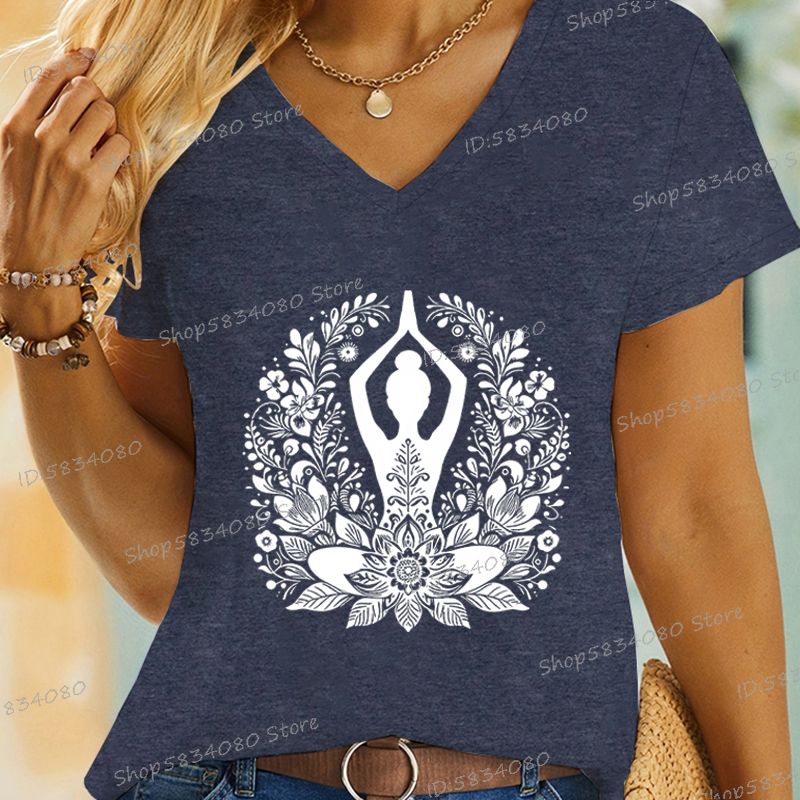 Women's Yoga Floral Shirt Design Graphic Short Sleeve Tee Casual Yoga Lover Gift V-neck Woman T-shirts Yoga Gifts Apparel Tops_ecoleips.com