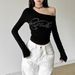 WG027 Cross-border American-style Trendy Letter Rhinestone Embellished Off-shoulder Long-sleeve T-shirt With Pleats,_ecoleips.com
