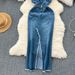 Women's Clothing Retro Denim Skirt Design Raw Edge Slit Slim Fit Medium And Long Suspender Dress Women's Summer Wear_ecoleips.com