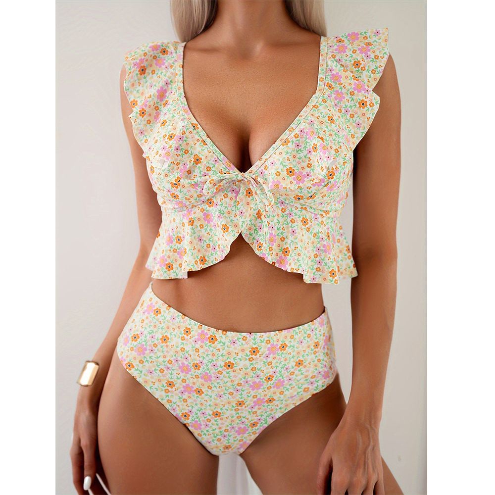 and American Seaside Floral Print Two-piece Swimsuit, Feminine Deep V Quick-dry Bikini, High-end European Style_ecoleips.com