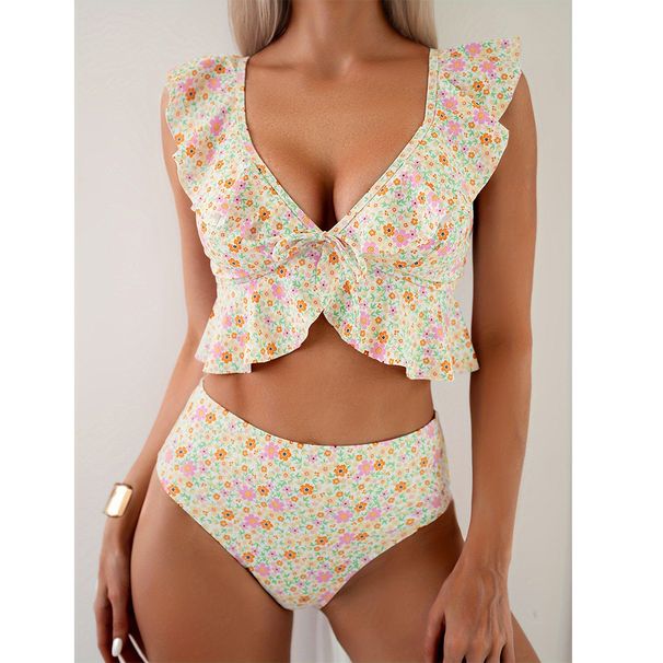 and American Seaside Floral Print Two-piece Swimsuit, Feminine Deep V Quick-dry Bikini, High-end European Style_ecoleips.com
