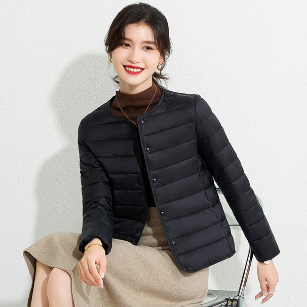 K Women's New Style Round Neck Cotton Padded Jacket, Slim Fit Base Layer, Solid Color Slimming Warm Short Lightweight Cotton Coat._ecoleips.com