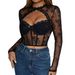 Hot Girl Sexy Floral Lace Hollow Round Neck Long Sleeve Underwire Fishbone See-Through Slim-Fit Top A1299_ecoleips.com