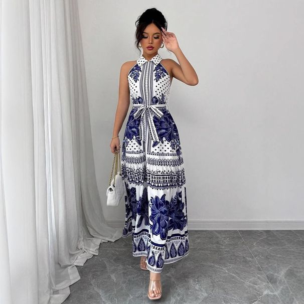 Women's Clothing New Fashion Off Shoulder Classic Porcelain Print A Line Elegant Dress_ecoleips.com