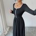 Elegant Black Midi Dress for Women Square Neck Long Sleeve A-Line Flowy Office Wear Daily Casual Dress_ecoleips.com