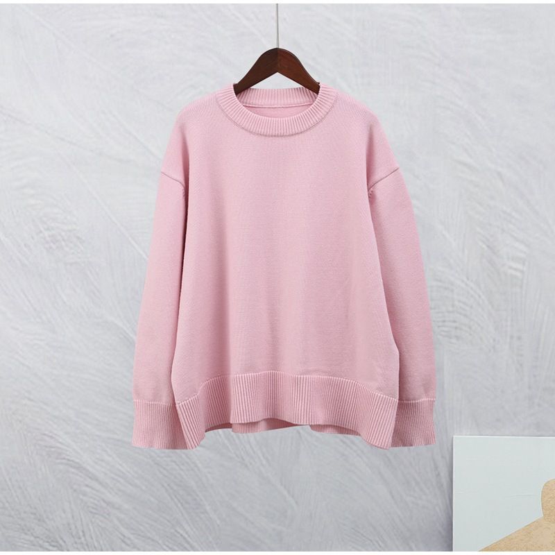 Women's Sweet Pink Round-Neck Sweater – Soft Acrylic Blend Knit Pullover (S-XXXL)_ecoleips.com