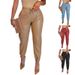 Women's Pu Leather Casual Pants With Drawstring Waist & Side Pockets - Slim Fit High Waist Wide Leg Trousers In Black, Khaki, Red, Blue (S-xxxl)_ecoleips.com