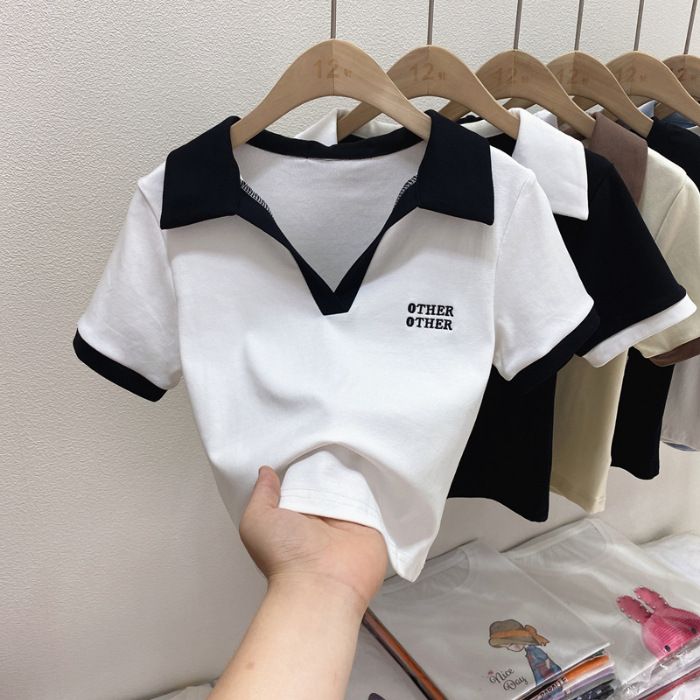 Women's Clothing Lapel Short Sleeved T Shirt Over There Summer New Pure Desire Style V Neck Short Tops Stylish Polo Shirt_ecoleips.com