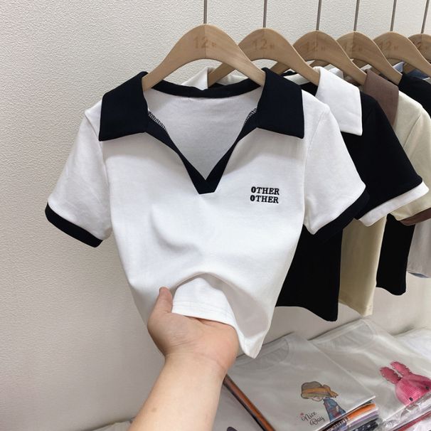 Women's Clothing Lapel Short Sleeved T Shirt Over There Summer New Pure Desire Style V Neck Short Tops Stylish Polo Shirt_ecoleips.com