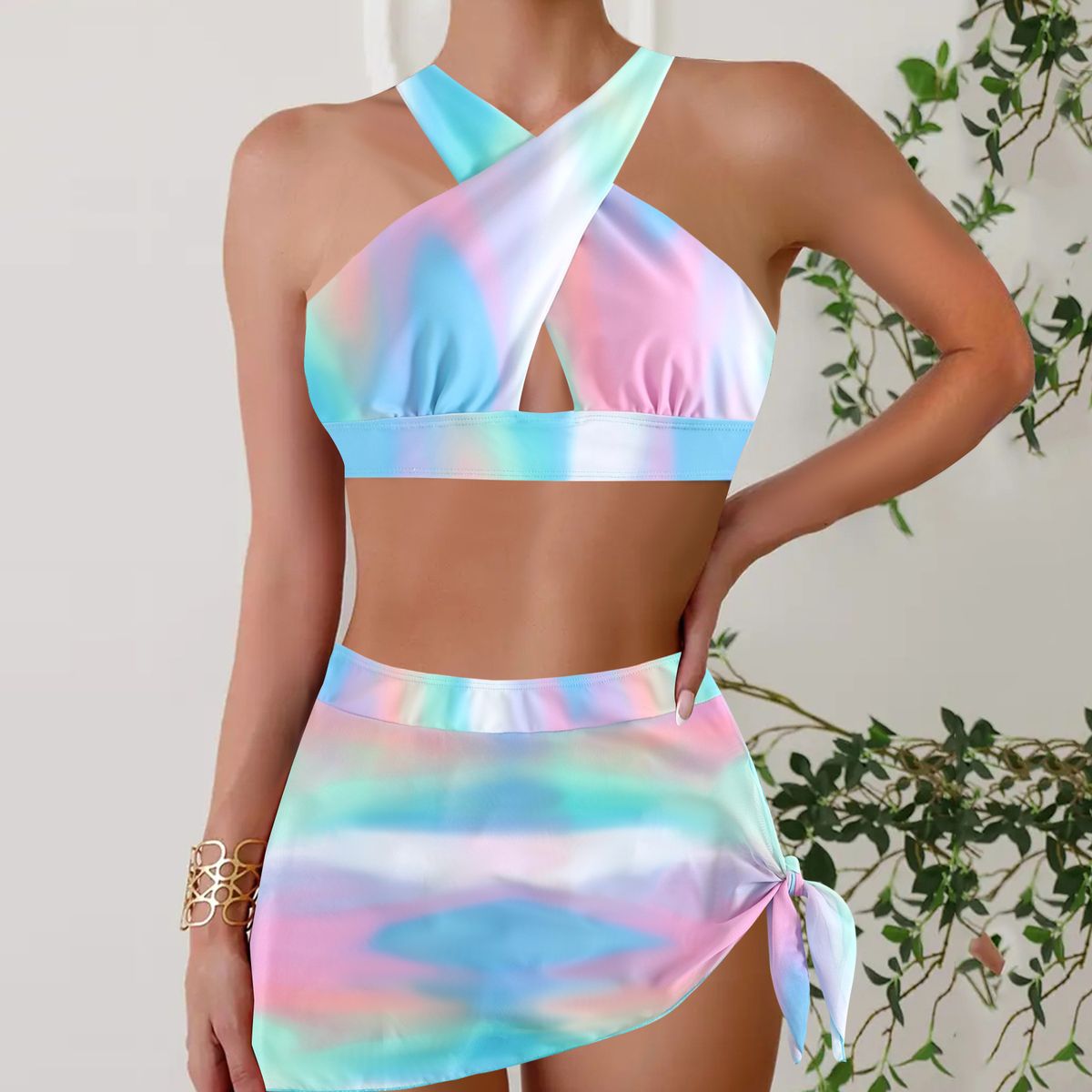 Plus Size Swim Dress Bikini Set – Floral Print Two-Piece Swimsuit With Skirt & Adjustable Straps_ecoleips.com
