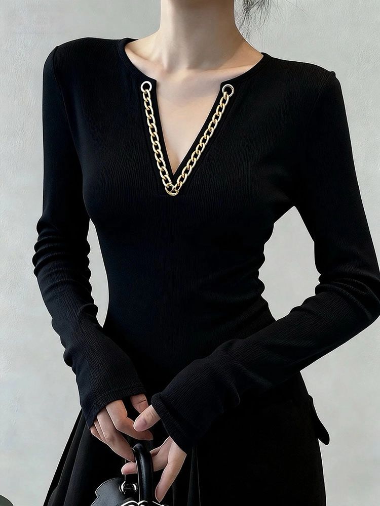 Women's Clothing Retro Black Chain V Neck Knitted Base Layer Top For Women Slimming Long Sleeve Autumn Winter Sexy Fitted Waist T-Shirt_ecoleips.com