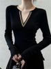 Women's Clothing Retro Black Chain V Neck Knitted Base Layer Top For Women Slimming Long Sleeve Autumn Winter Sexy Fitted Waist T-Shirt_ecoleips.com