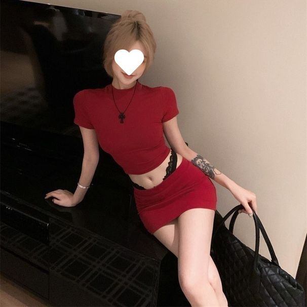 Red Slim Fit Off-Shoulder T-Shirt Top Sexy Hot Girl Outfit Women Summer Bodycon Short Skirt Nightclub Two-Piece Set_ecoleips.com