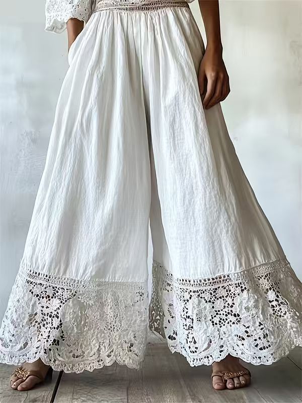 Solid Color Women's Wide Leg Pants Four Way Stretch Lace Trim Casual Summer Bottoms New Arrival_ecoleips.com