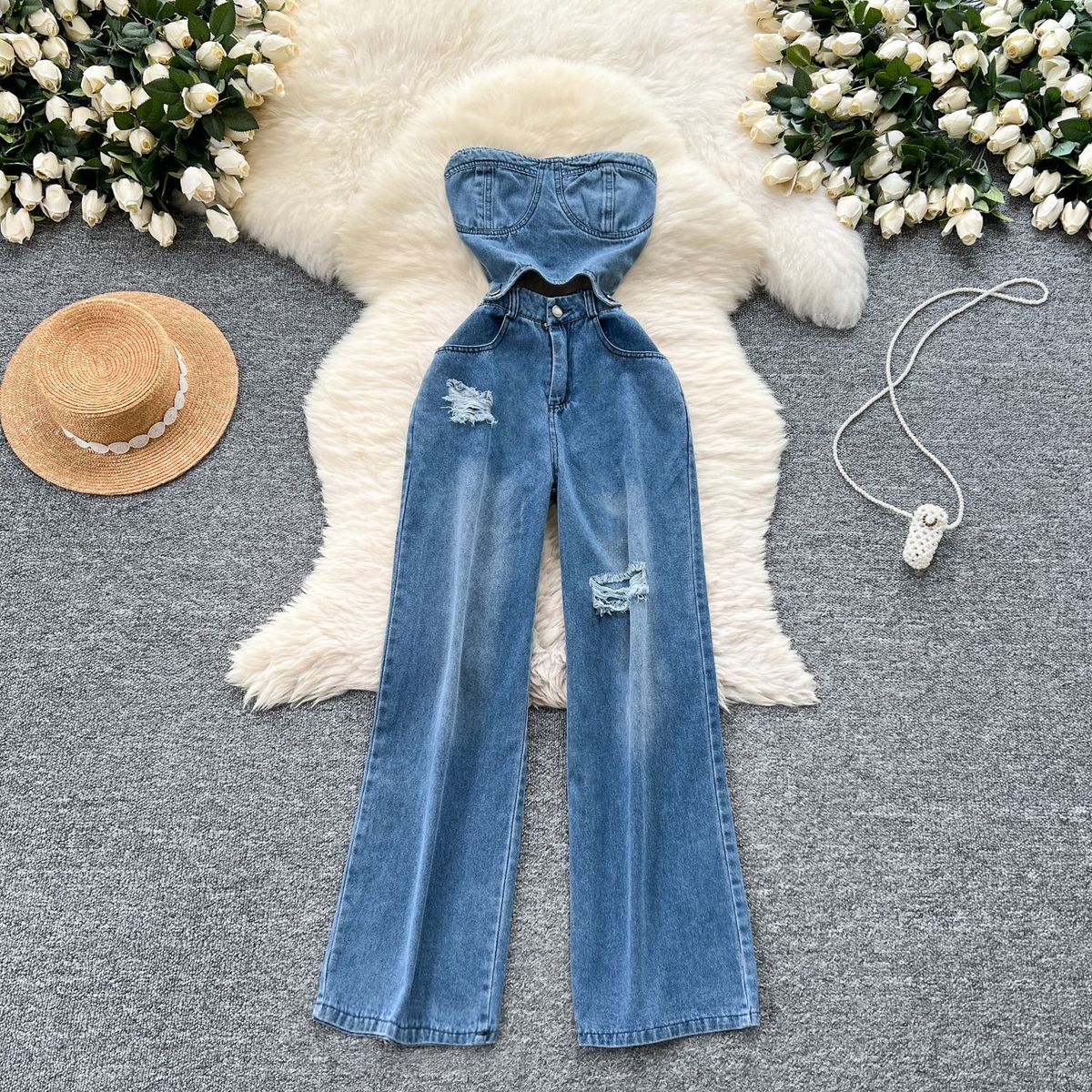 Women's Clothing Chic Internet Celebrity New Design Sense Hollow Sleeveless High Waist Slimming Hole Casual Denim Jumpsuit_ecoleips.com
