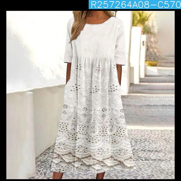 Women's Mid-Waist Summer Casual Round Neck Printed Flared Dress_ecoleips.com