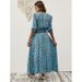 Foreign Trade Women's Clothing Summer V-Neck Printed Waist-Cinching Bohemian Holiday Button Beach Long Dress_ecoleips.com