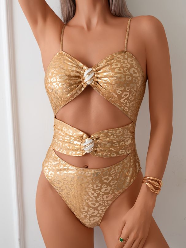 Women's Clothing Glossy Hollow Out One Piece Swimsuit With Gold Plated Round Buckle Decoration Suitable For All Seasons_ecoleips.com