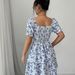 2026 Summer Square Neck Blue Printed Puff Sleeve Tie Wa_ecoleips.com