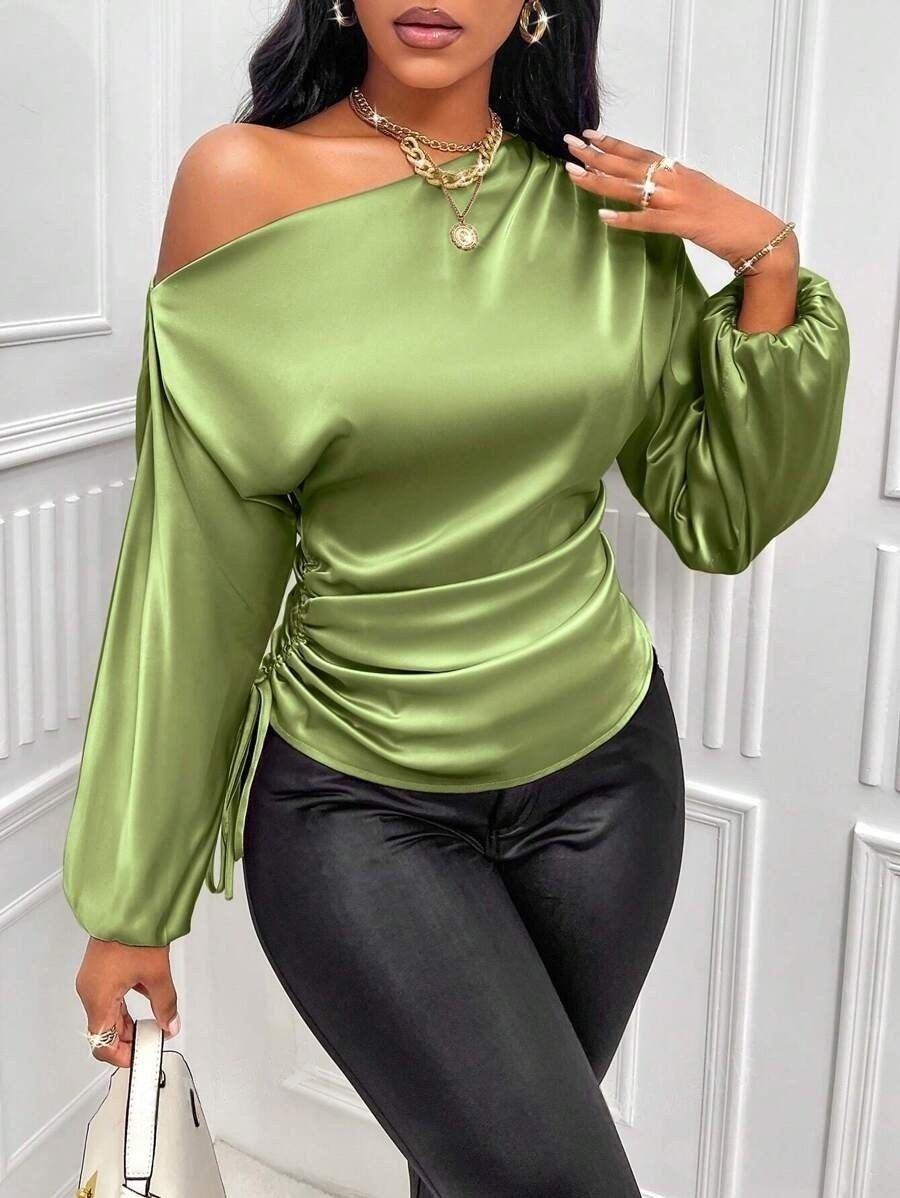 Women's Satin Asymmetrical Blouse – Elegant Slant Neck Long Sleeve Shirt For Spring & Summer_ecoleips.com