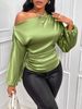 New Women's Satin Shirt Spring Summer Long Sleeve Asymmetric Neck Blouse Top_ecoleips.com