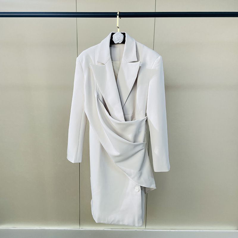 Spring New White Asymmetrical Trench Coat For Women, Slim-Fit Office Long Blazer Jacket With Waist Tie_ecoleips.com