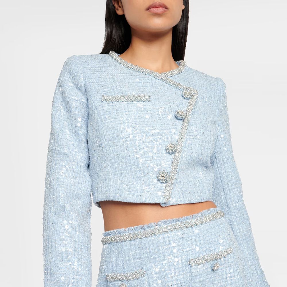 Women's Short Jacket Light Luxury Sequined Rhinestone Button Round Neck Slanted Placket Inspired European American Style_ecoleips.com