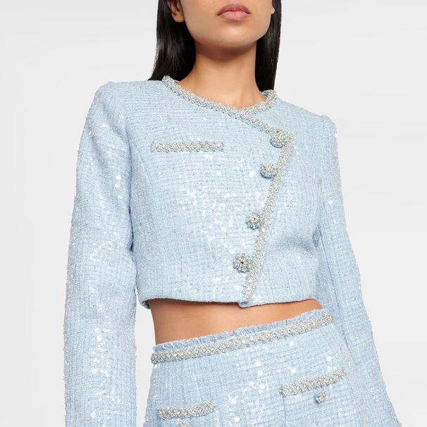 Women's Short Jacket Light Luxury Sequined Rhinestone Button Round Neck Slanted Placket Inspired European American Style_ecoleips.com