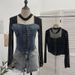 Women's Clothing Real Shot Sexy Hollow Halter Neck Denim Splicing Mesh Straps Irregular Long Sleeved T Shirt Short Top_ecoleips.com