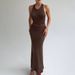 Halter Neck Knitted Maxi Dress Women's Sleeveless Bodycon Fishtail T Back Dress Summer New_ecoleips.com
