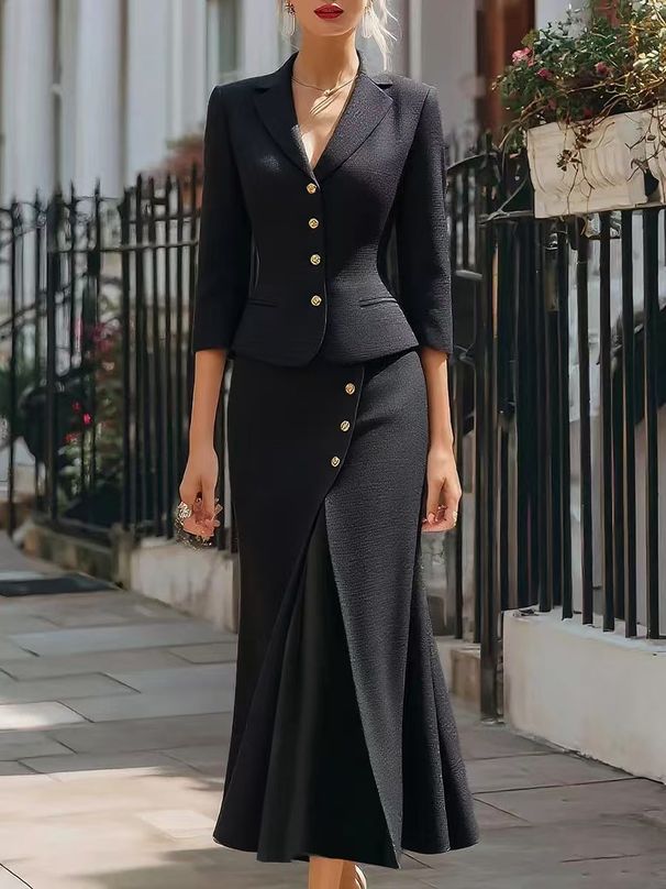 Women's Autumn/Winter Suit Set – Single-Breasted Blazer & Button-Front Slit Skirt | 3/4 Sleeve Office Dress Two-Piece (White/Black) | Sizes S-XXL_ecoleips.com