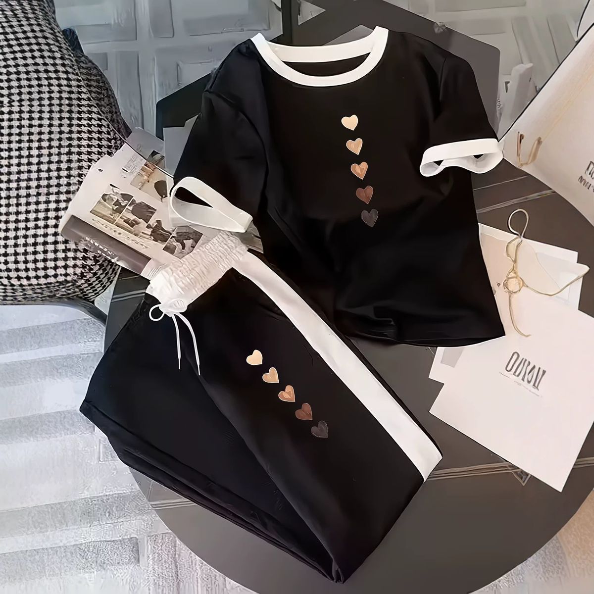 Women's Summer Gradient Heart Print T-Shirt And Sweatpants Set Gentle Sweet Style Casual Outfit_ecoleips.com