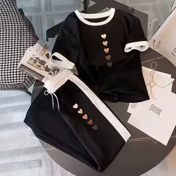 Women's Summer Gradient Heart Print T-Shirt And Sweatpants Set Gentle Sweet Style Casual Outfit_ecoleips.com