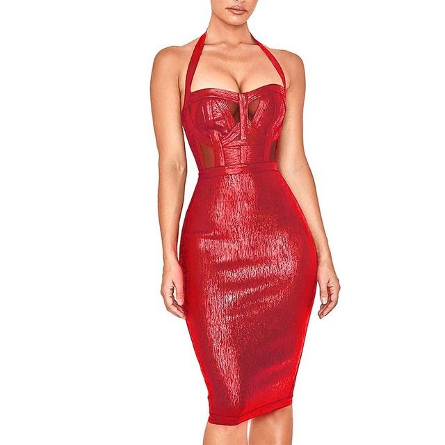Women's Clothing Socialite Cocktail Party Halter Neck Hot Glue Mesh Splicing Evening Dress_ecoleips.com