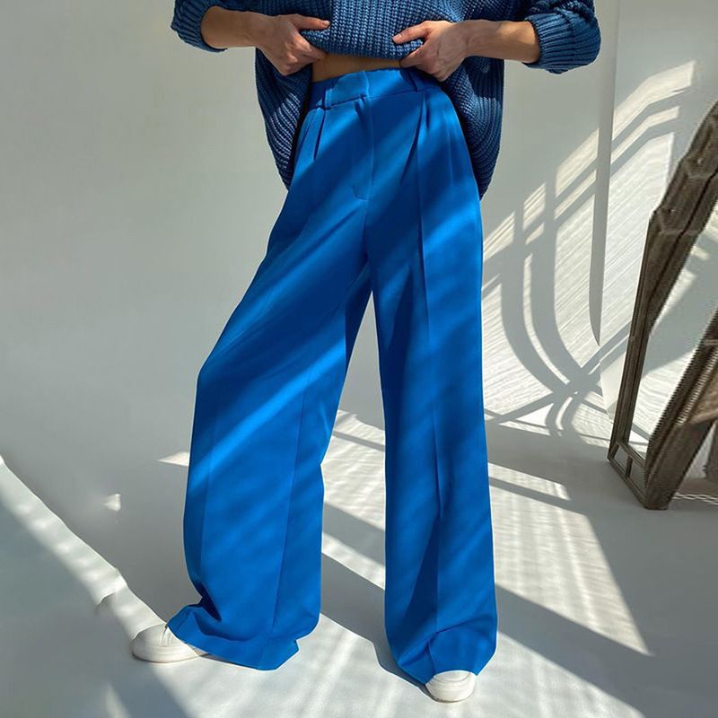 Women's Clothing Wide Leg High Waist Suit Pants Casual Slim Straight Floor Length Pants_ecoleips.com