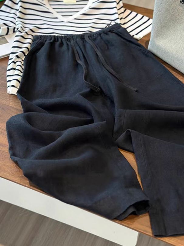 Suitable For All Seasons Recommended White High-Waisted Linen Wide-Leg For Women, Summer Loose Fit, Slimming, Versatile Straight-Leg Casual Pants_ecoleips.com