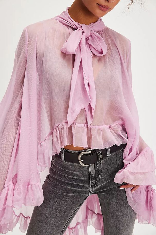 Women's Unique Print Irregular Shirt European American Style Extra Large Hem Tie Belt Lantern Sleeve Top_ecoleips.com