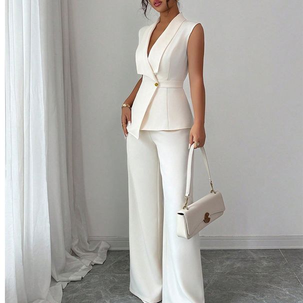 Elegant Solid Color Vest & Straight Pants Set - Polyester, Sleeveless, Button Detailing, Beige/Brown, S-XL"_ecoleips.com