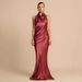 Women's Clothing Backless Slit Sexy Elegant Dress Solid Color Halter Neck Mid Length Skirt Satin New Style_ecoleips.com