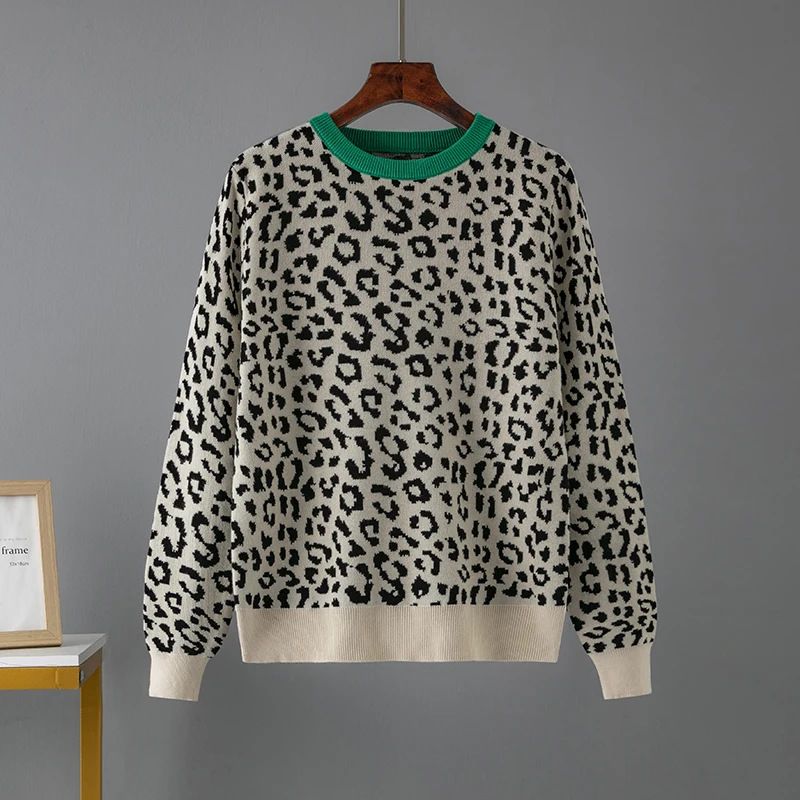 Women's Leopard Print Double Layer Jacquard Color Blocking Pullover Knit Base Sweater Thick Autumn Winter European American Style Loose Fit_ecoleips.com