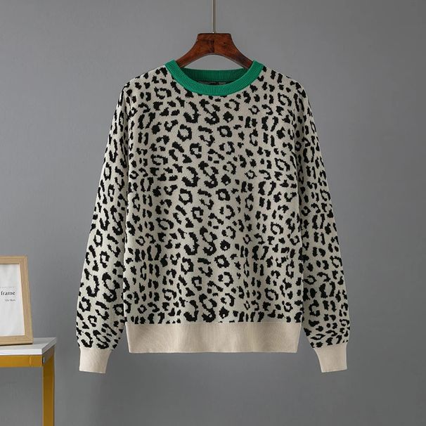 Women's Leopard Print Double Layer Jacquard Color Blocking Pullover Knit Base Sweater Thick Autumn Winter European American Style Loose Fit_ecoleips.com