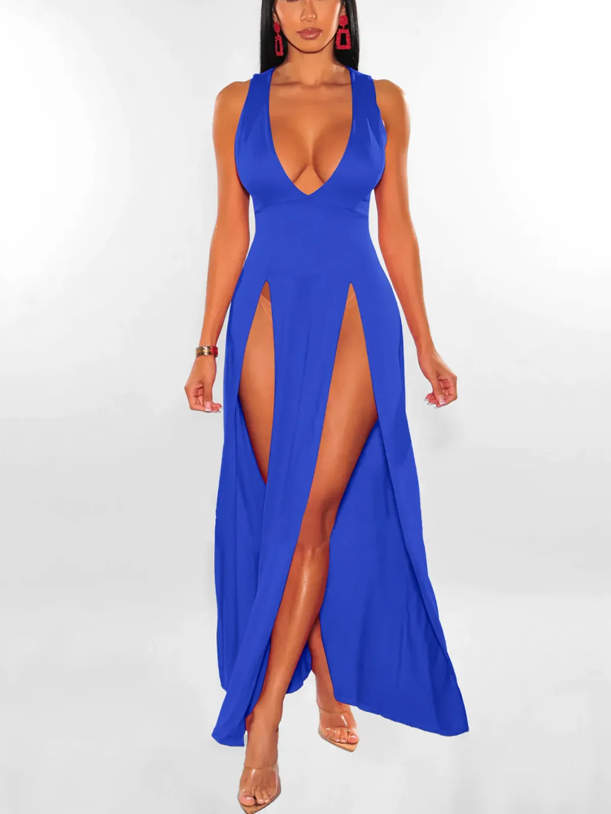 New Arrivals Women Sexy High Split Dresses Sleeveless Deep V-Neck High Slit Long Party Bodycon Red Summer Dresses_ecoleips.com