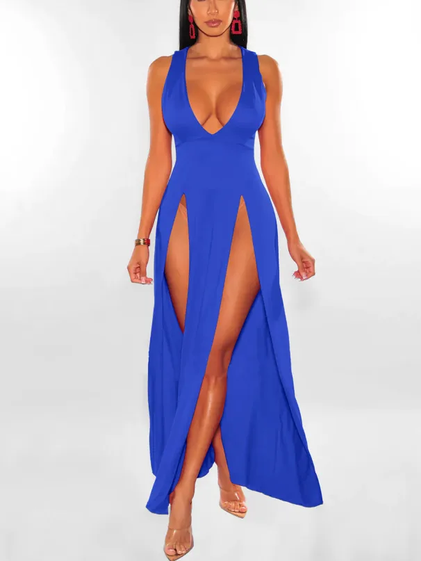 New Arrivals Women Sexy High Split Dresses Sleeveless Deep V-Neck High Slit Long Party Bodycon Red Summer Dresses_ecoleips.com
