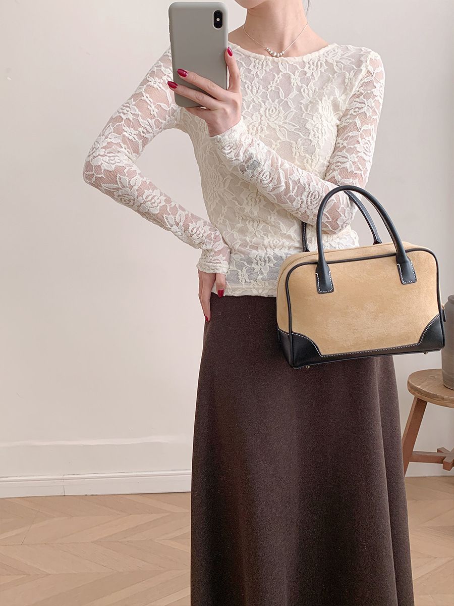 European American 2026 Spring/Summer Long-Sleeve Lace Top With U-Neck And Hollow Design, Slim Fit, Cross-Border New_ecoleips.com