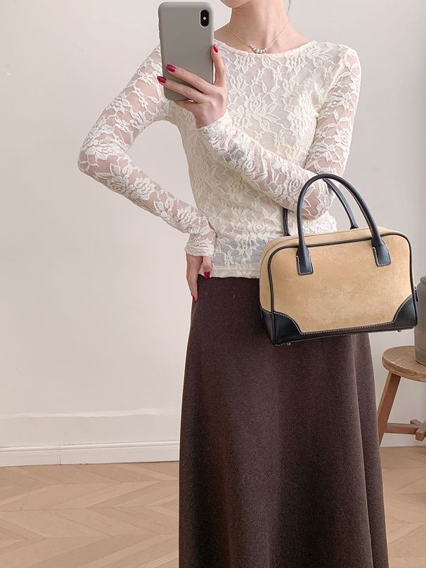 European American 2026 Spring/Summer Long-Sleeve Lace Top With U-Neck And Hollow Design, Slim Fit, Cross-Border New_ecoleips.com