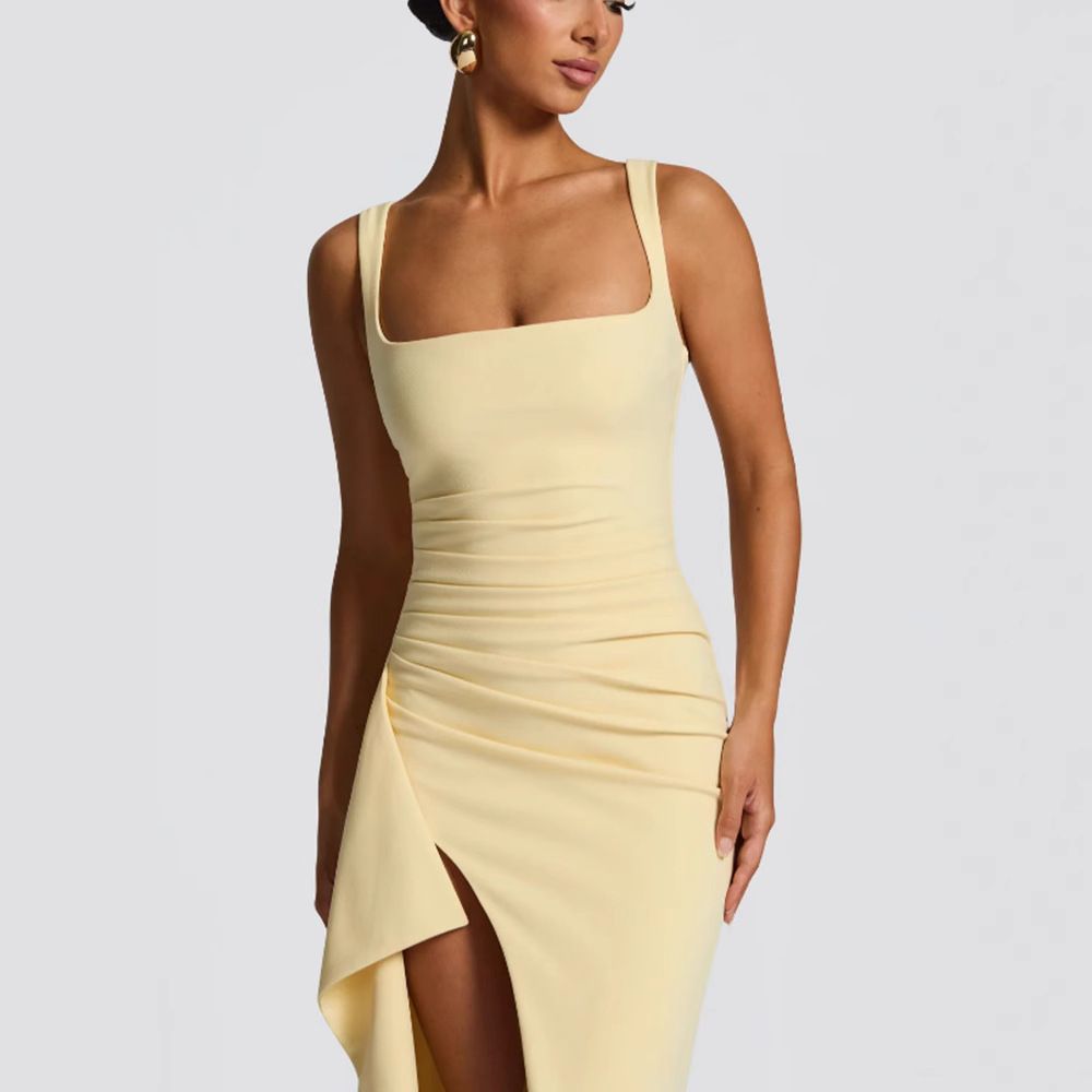 Women's Clothing New Style Solid Color Sexy Slim Fashion Waist Irregular Slit Long Skirt Suspenders_ecoleips.com