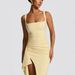 Women's Clothing New Style Solid Color Sexy Slim Fashion Waist Irregular Slit Long Skirt Suspenders_ecoleips.com