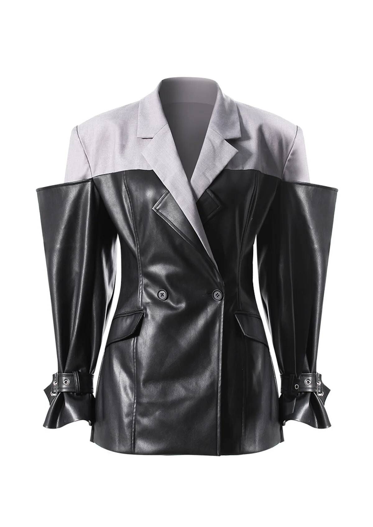 Coat Fashion PU Leather Patchwork Blazer Women's Lapel Slim Double Breasted Long Sleeves Suit Jacket Autumn New CQ02_ecoleips.com