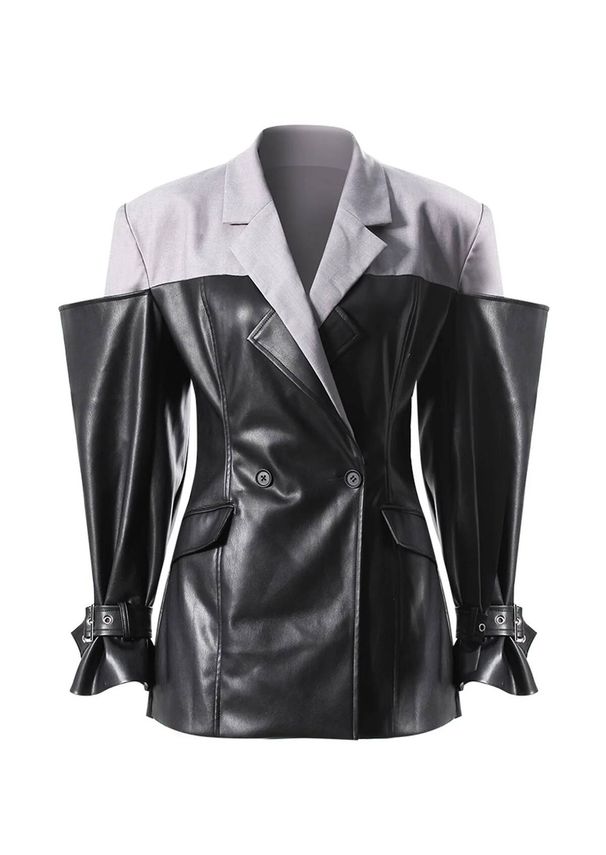 Coat Fashion PU Leather Patchwork Blazer Women's Lapel Slim Double Breasted Long Sleeves Suit Jacket Autumn New CQ02_ecoleips.com